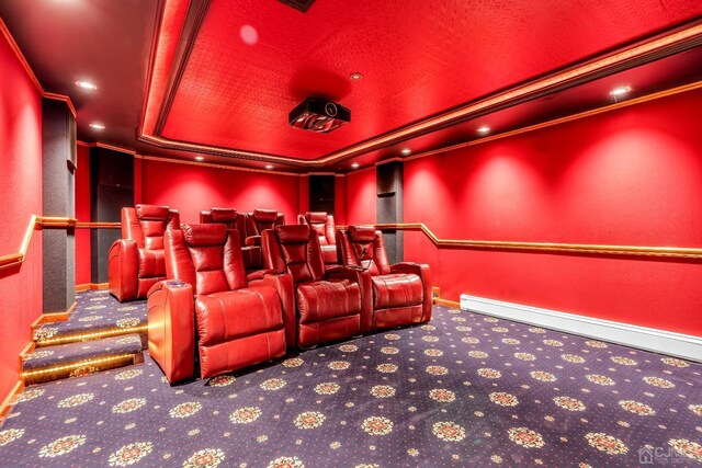 cinema featuring carpet and a baseboard radiator