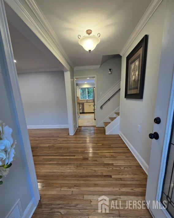 hallway featuring crown molding and wood-type flooring