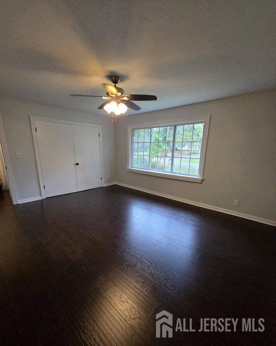 empty room with ceiling fan and dark hardwood / wood-style floors