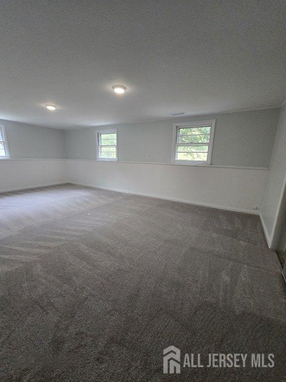 basement featuring a textured ceiling, dark carpet, and a wealth of natural light