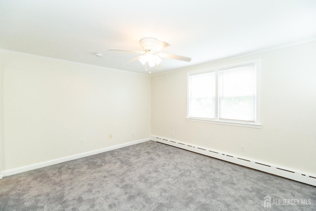 200 Plainfield Rd, Edison, NJ 08820 - empty room with a baseboard heating unit, crown molding, ceiling fan, and carpet floors