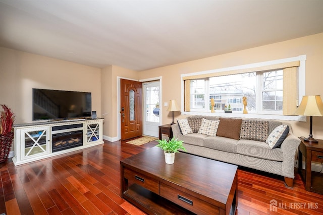 living room with baseboards and wood finished floors