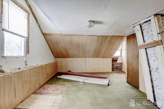 additional living space with lofted ceiling, light colored carpet, and wooden walls