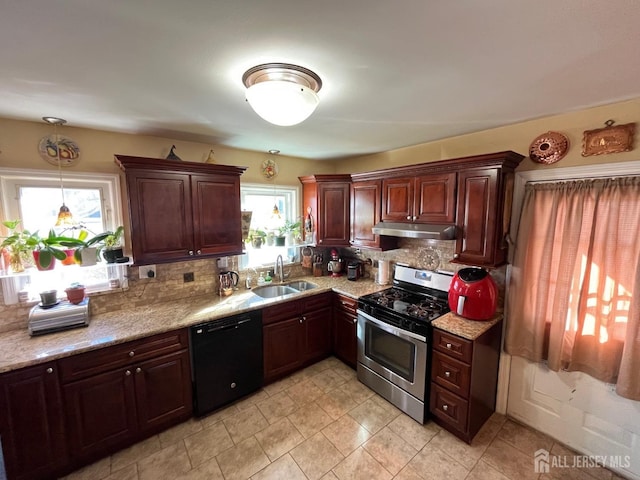 kitchen featuring dishwasher, sink, decorative backsplash, and stainless steel gas range