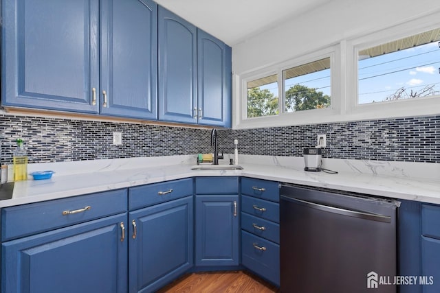 kitchen featuring blue cabinets, a sink, stainless steel dishwasher, and tasteful backsplash