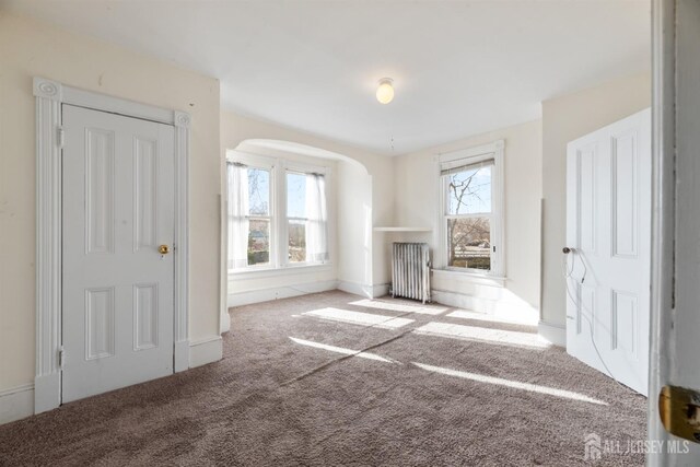 unfurnished living room with carpet, radiator heating unit, and a healthy amount of sunlight