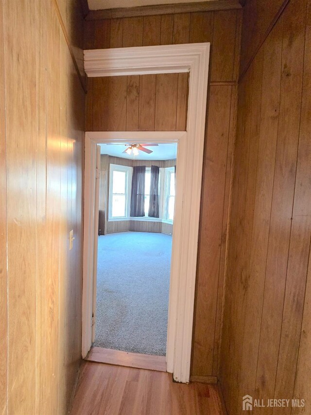 hallway with wooden walls and light wood-type flooring