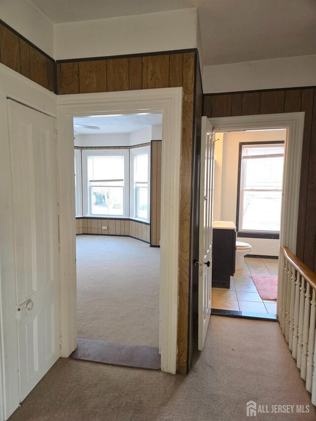 corridor featuring plenty of natural light and light carpet