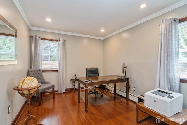 office space featuring a baseboard heating unit, crown molding, and wood-type flooring