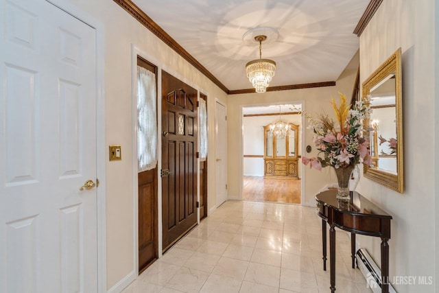 hallway featuring an inviting chandelier, crown molding, and a baseboard heating unit