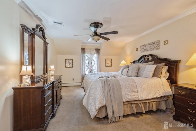 bedroom with ceiling fan, a baseboard radiator, ornamental molding, and light colored carpet