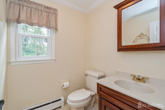 bathroom with vanity, a baseboard heating unit, crown molding, and toilet