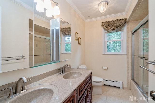 full bathroom featuring baseboard heating, ornamental molding, toilet, and combined bath / shower with glass door