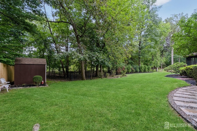 view of yard featuring a storage shed