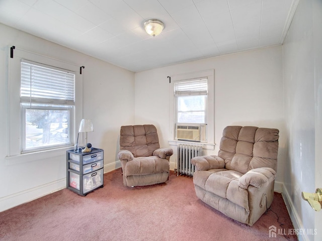 living area with baseboards, cooling unit, radiator heating unit, and carpet floors