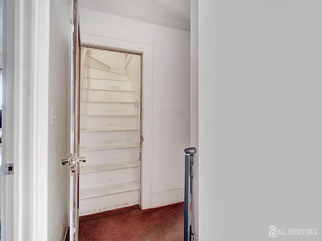 hall with dark colored carpet