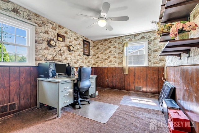 27 Appleby Ln, East Brunswick, NJ 08816 - office with wainscoting, ceiling fan, wood walls, and wallpapered walls