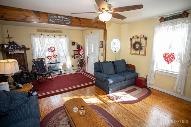 living room with ceiling fan, hardwood / wood-style flooring, and a healthy amount of sunlight