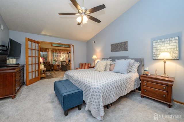 1617 Sweetbay Dr, Toms River, NJ 08755 - bedroom featuring vaulted ceiling, french doors, carpet flooring, and ceiling fan
