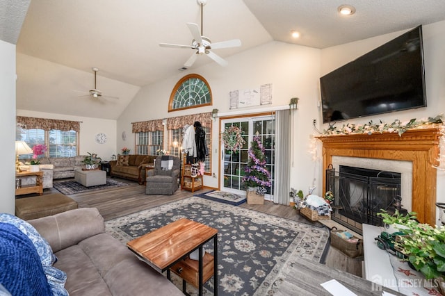 1617 Sweetbay Dr, Toms River, NJ 08755 - living room with a ceiling fan, lofted ceiling, wood finished floors, and a glass covered fireplace