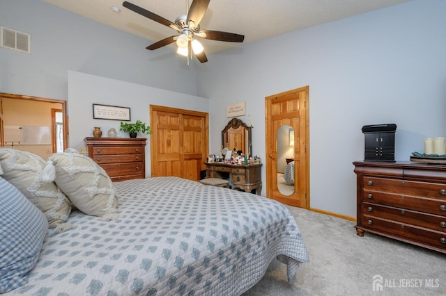 1617 Sweetbay Dr, Toms River, NJ 08755 - bedroom featuring carpet floors, a closet, high vaulted ceiling, and ceiling fan