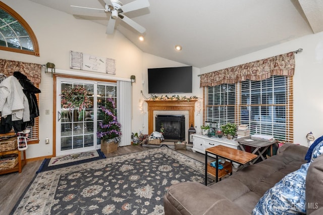 1617 Sweetbay Dr, Toms River, NJ 08755 - living room with wood finished floors, a ceiling fan, a fireplace, recessed lighting, and high vaulted ceiling