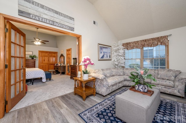 1617 Sweetbay Dr, Toms River, NJ 08755 - living room with wood finished floors, high vaulted ceiling, and a ceiling fan