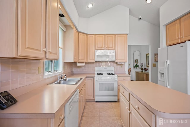 11 Wintons Way, Monroe, NJ 08831 - kitchen featuring white appliances, a sink, light brown cabinetry, light countertops, and high vaulted ceiling