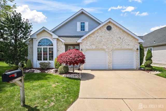 11 Wintons Way, Monroe, NJ 08831 - traditional-style home featuring stone siding, a garage, concrete driveway, a front yard, and a shingled roof