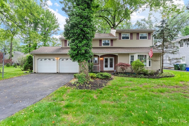 25 Turner Ave, Edison, NJ 08820 - traditional-style house with asphalt driveway, a garage, a front lawn, and a chimney