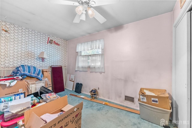 25 Turner Ave, Edison, NJ 08820 - carpeted bedroom featuring wallpapered walls, baseboards, a ceiling fan, and an accent wall