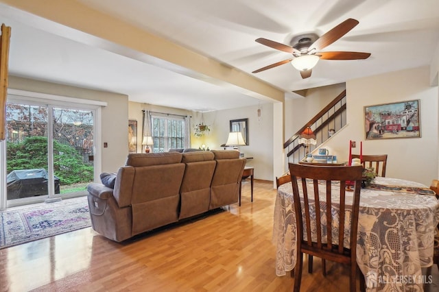 dining space featuring hardwood / wood-style flooring and ceiling fan