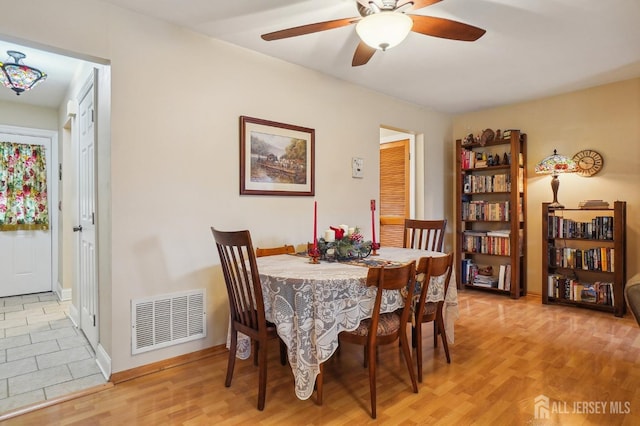 dining room featuring light wood-type flooring and ceiling fan