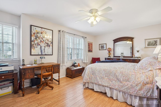 bedroom with ceiling fan and light wood-type flooring