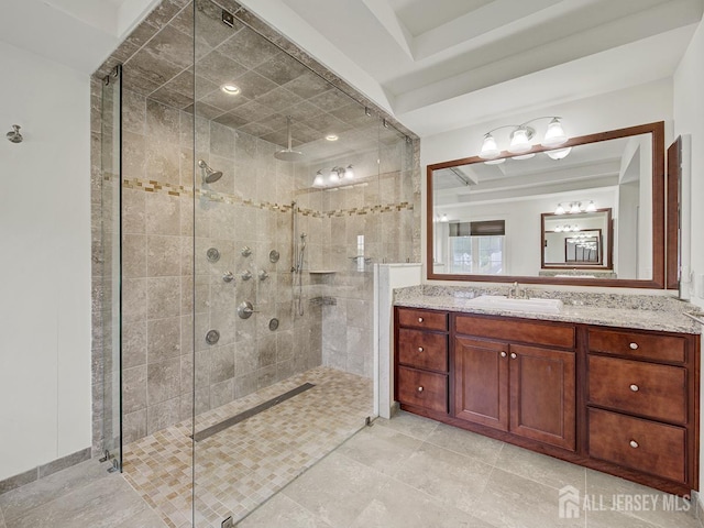 6 Condor Ct, South Brunswick, NJ 08852 - bathroom with a stall shower, vanity, and a chandelier