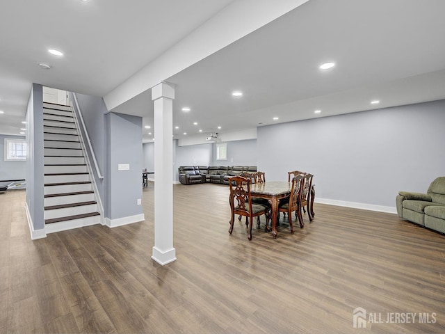 6 Condor Ct, South Brunswick, NJ 08852 - dining space with wood finished floors, baseboards, stairs, recessed lighting, and plenty of natural light