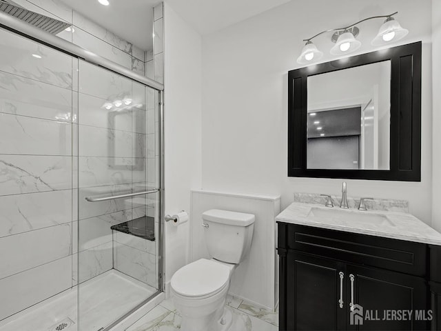 6 Condor Ct, South Brunswick, NJ 08852 - bathroom with marble look tiles, toilet, a shower stall, and vanity