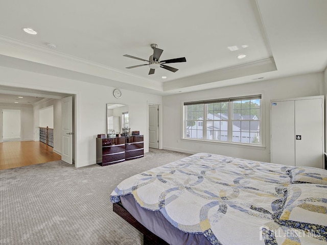 6 Condor Ct, South Brunswick, NJ 08852 - carpeted bedroom featuring a raised ceiling, baseboards, ornamental molding, recessed lighting, and ceiling fan