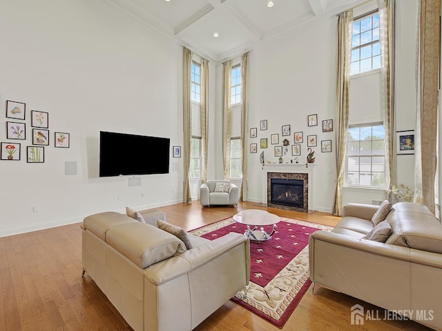 6 Condor Ct, South Brunswick, NJ 08852 - living room featuring a towering ceiling, healthy amount of natural light, a premium fireplace, beamed ceiling, and light wood-type flooring