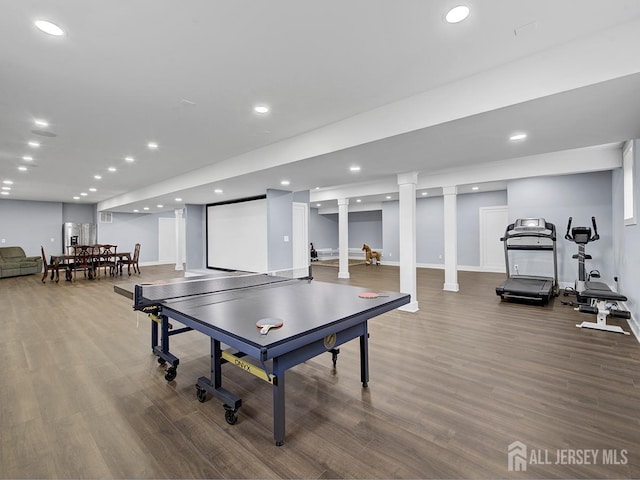 6 Condor Ct, South Brunswick, NJ 08852 - game room featuring wood finished floors, baseboards, recessed lighting, and decorative columns