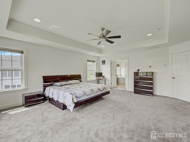 6 Condor Ct, South Brunswick, NJ 08852 - carpeted bedroom with a tray ceiling, ornamental molding, multiple windows, recessed lighting, and a ceiling fan
