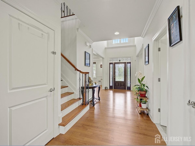 6 Condor Ct, South Brunswick, NJ 08852 - foyer with stairway, ornamental molding, light wood-style flooring, and recessed lighting