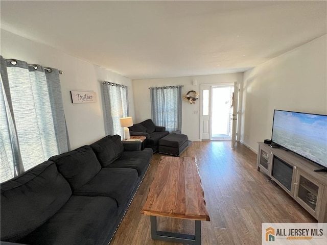 living room featuring baseboards and wood finished floors