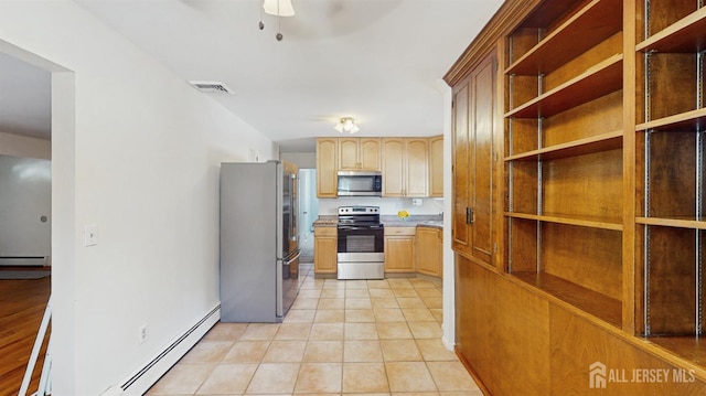 131 Hazelwood Ave, Metuchen, NJ 08840 - kitchen featuring stainless steel appliances, a baseboard radiator, light brown cabinetry, and baseboard heating