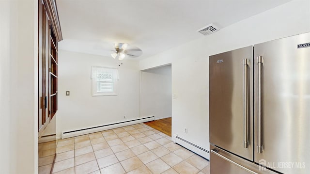 131 Hazelwood Ave, Metuchen, NJ 08840 - kitchen with high end refrigerator, a baseboard heating unit, a ceiling fan, and light tile patterned floors