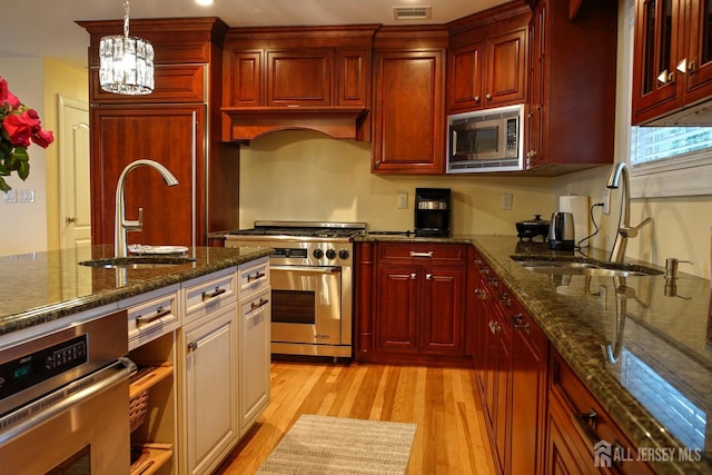 kitchen with appliances with stainless steel finishes, a sink, dark brown cabinets, and light wood-type flooring