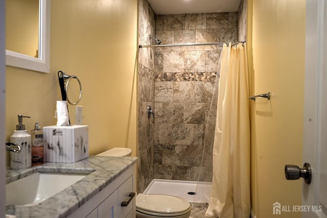 full bath featuring toilet, a stall shower, and vanity