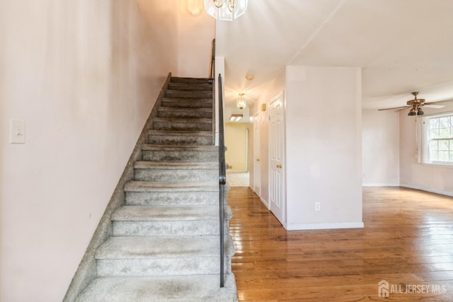 44 Townsend Dr, Old Bridge, NJ 07747 - stairs featuring hardwood / wood-style floors, a ceiling fan, and baseboards