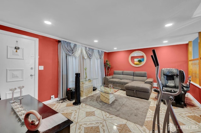 living room with ornamental molding