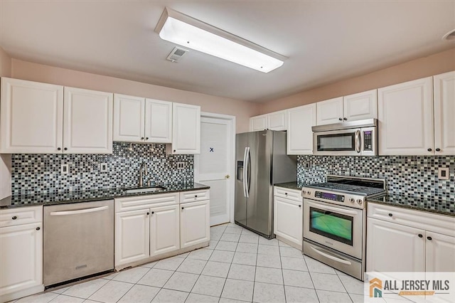 kitchen featuring stainless steel appliances, dark countertops, white cabinets, and a sink